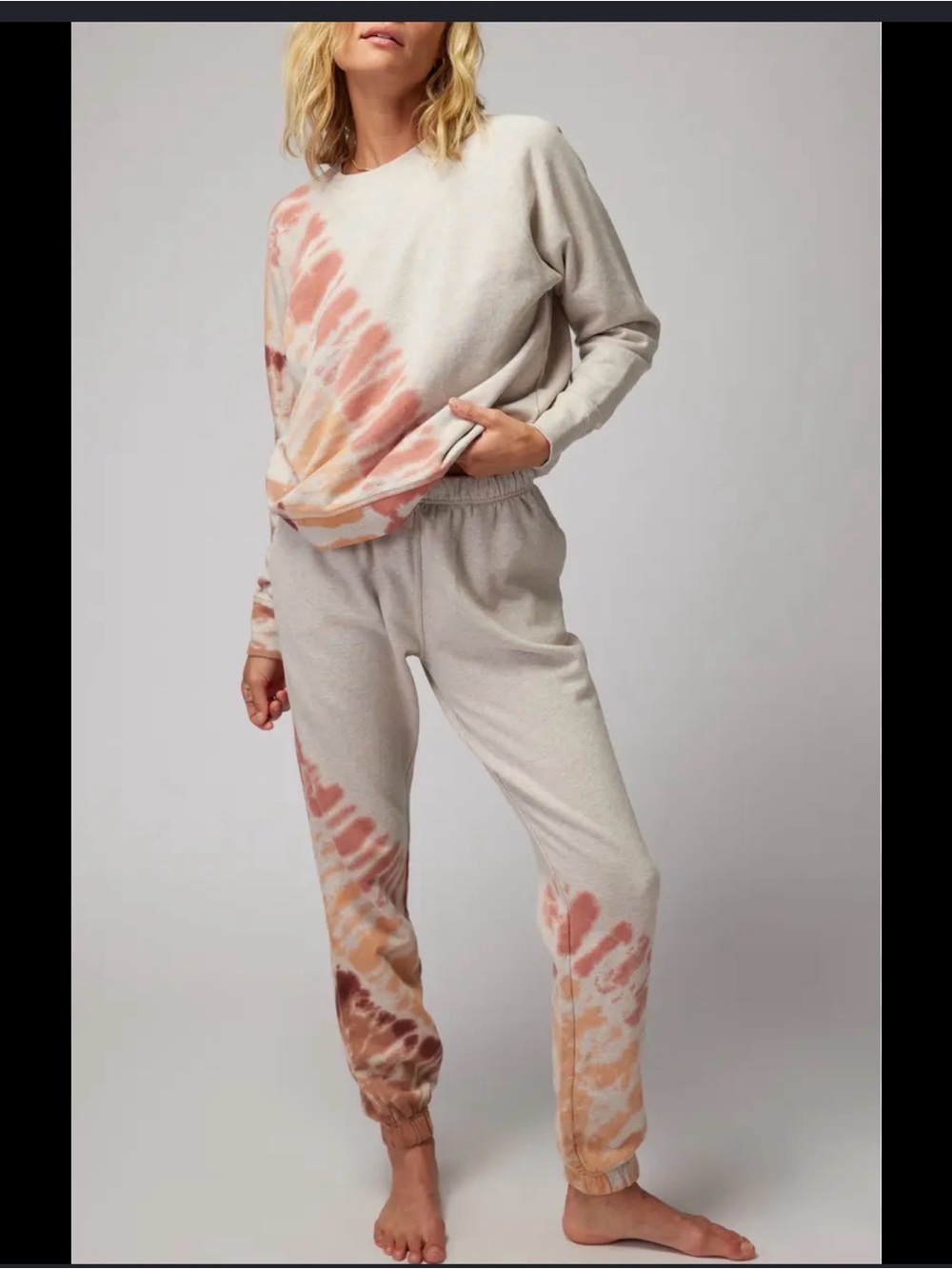 Spiritual Gangster Cream Tie-Dye Jogger Set with Pink & Tan Accents